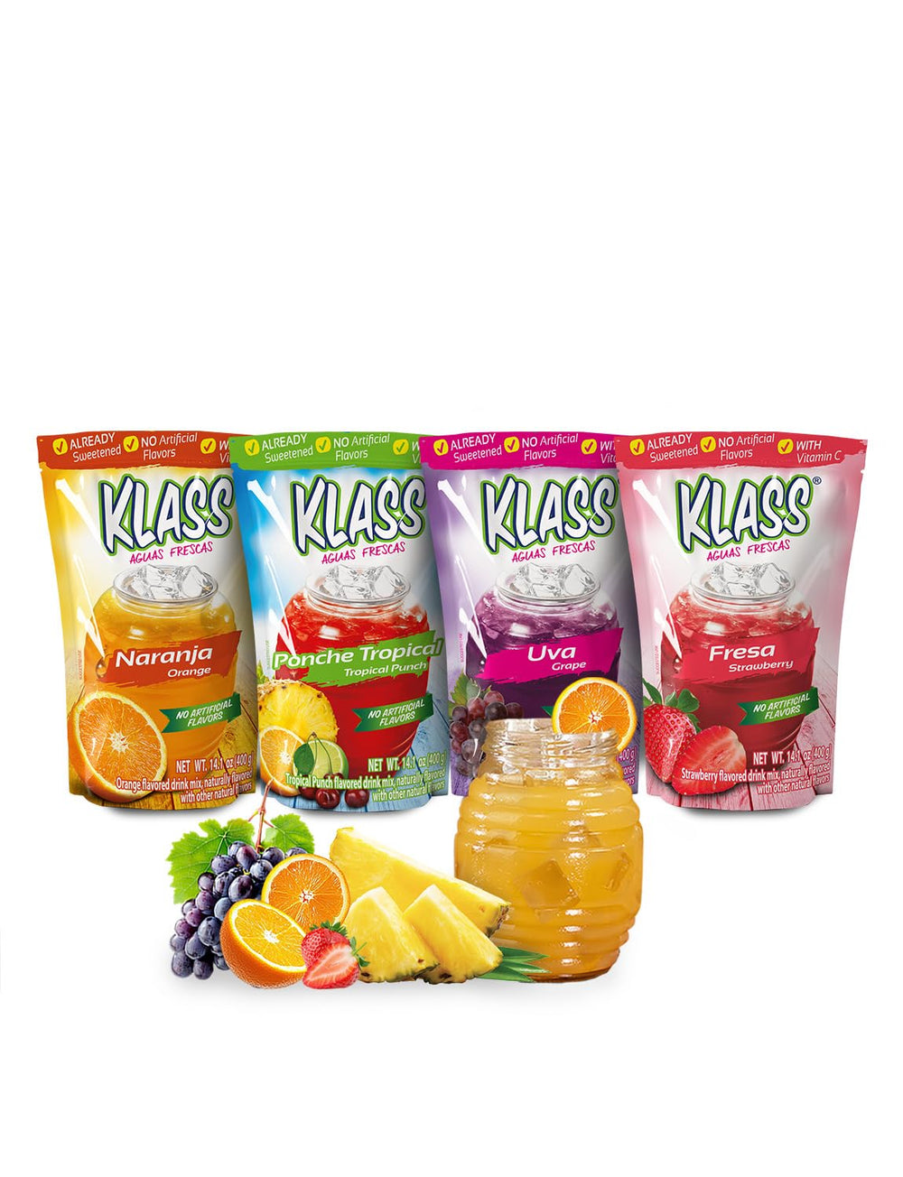 Klass Aguas Frescas front packaging showing variety punch options and family benefit