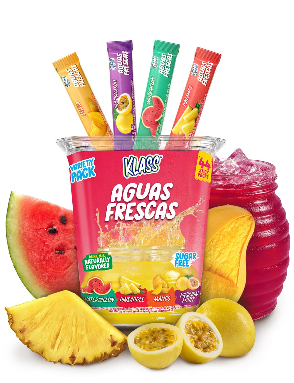 Klass Aguas Frescas front packaging showing variety pack and benefits