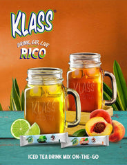 Klass glass of peach and lime iced tea on ice for refreshing hydration