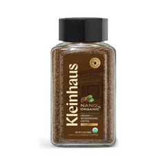 Kleinhaus jar front label showing organic Colombian Arabica benefits