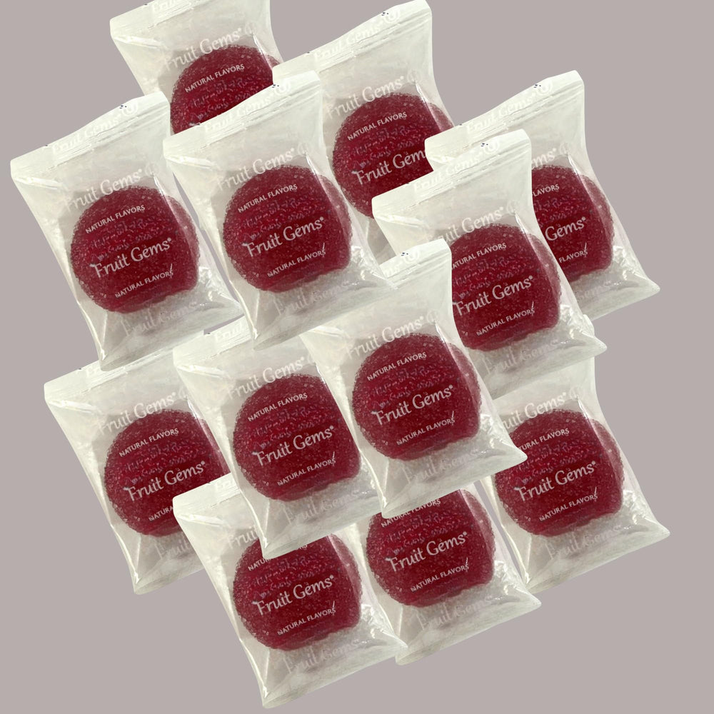 KLUB BULK front packaging showing 1 lb bag and individually wrapped raspberry gems for sharing