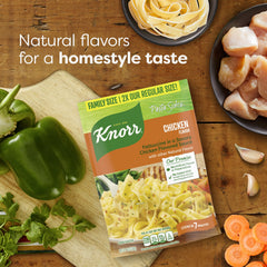 Knorr opened packet with fettuccine and seasoning spread for easy prep