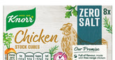 Knorr Zero Salt Chicken front packaging showing eight 9g cubes and benefits