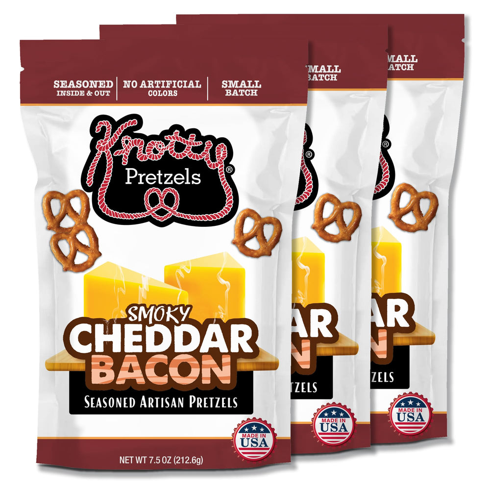 Knotty Pretzels front packaging showing smoky cheddar bacon flavor and bold branding for quick selection