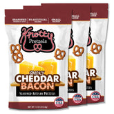 Knotty Pretzels front packaging showing smoky cheddar bacon flavor and bold branding for quick selection