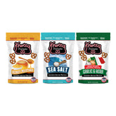 Knotty Pretzels front packaging showing three-flavor variety and resealable bag benefit