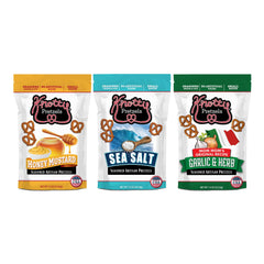 Knotty Pretzels front packaging showing three-flavor variety and resealable bag benefit