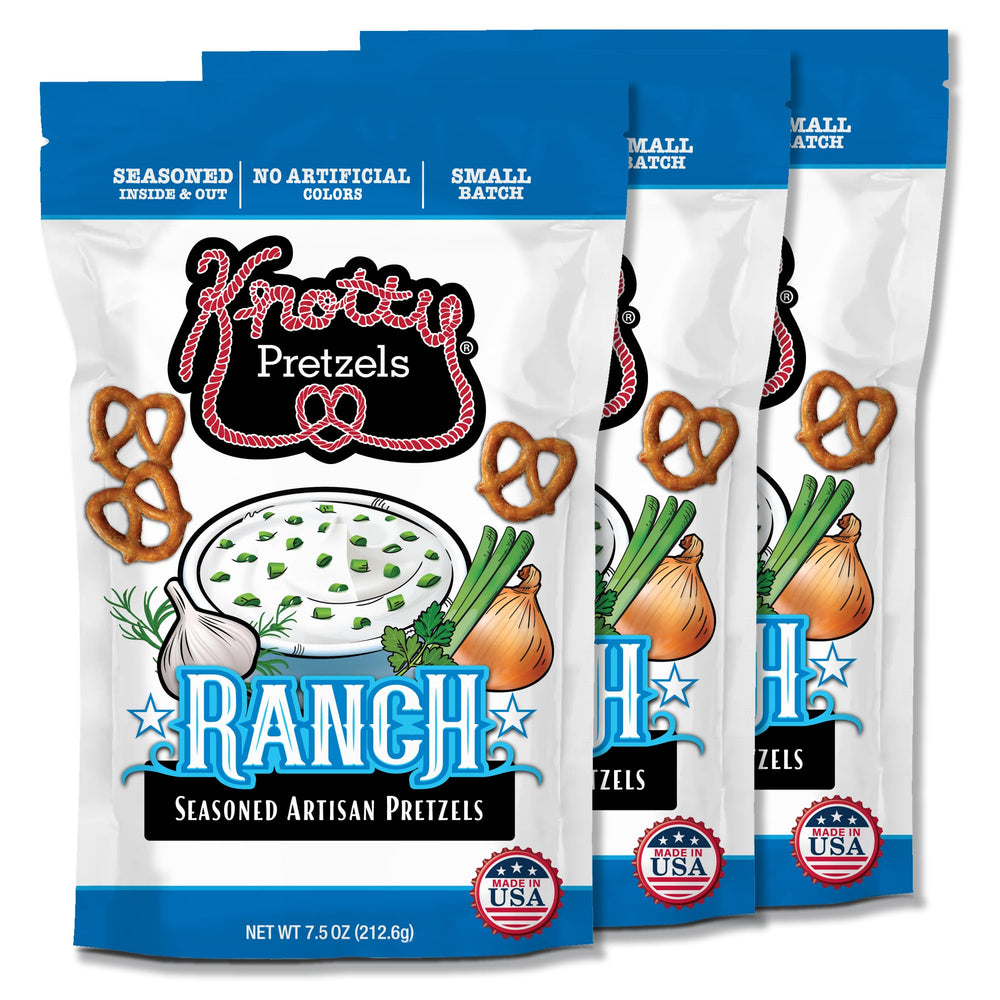 Knotty Pretzels front packaging showing ranch flavor and 3-pack convenience