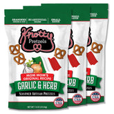 Knotty Pretzels front packaging showing garlic and herb flavor and resealable bag benefit