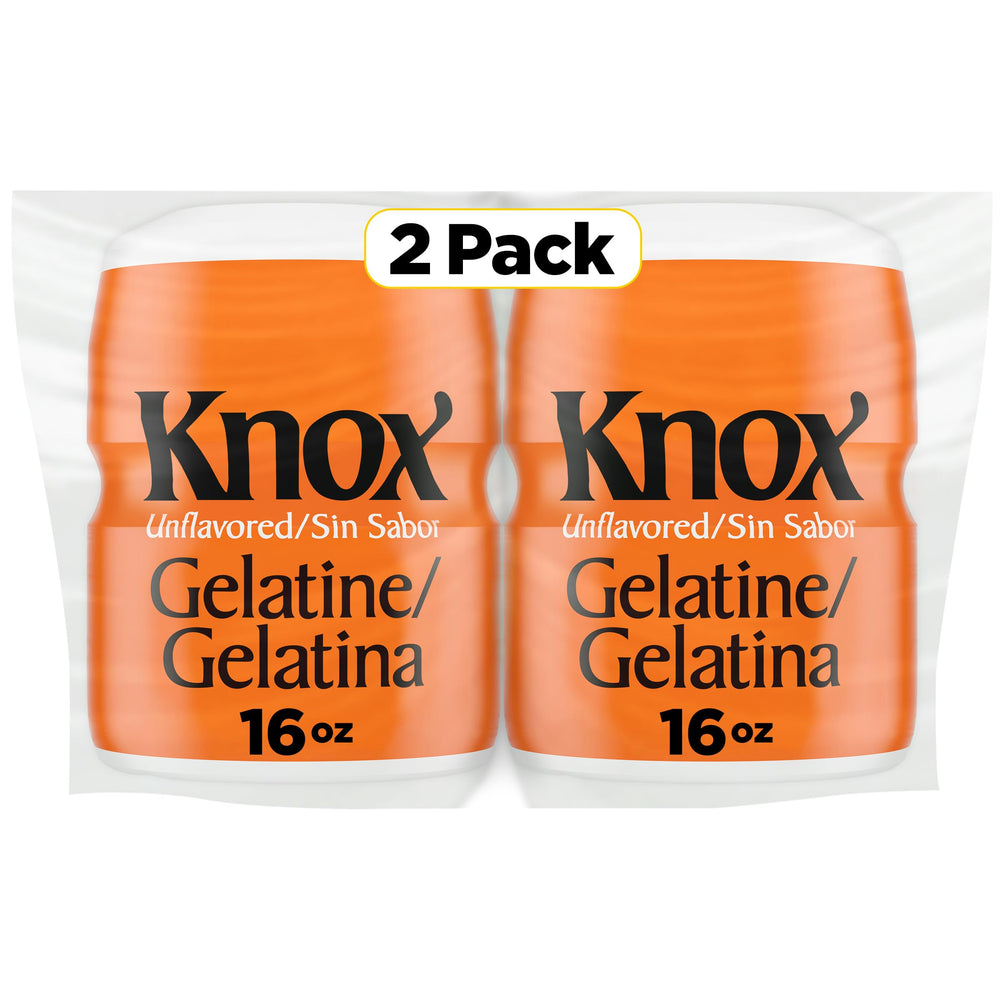 Knox Gelatin front view showing label and resealable canister for pantry convenience