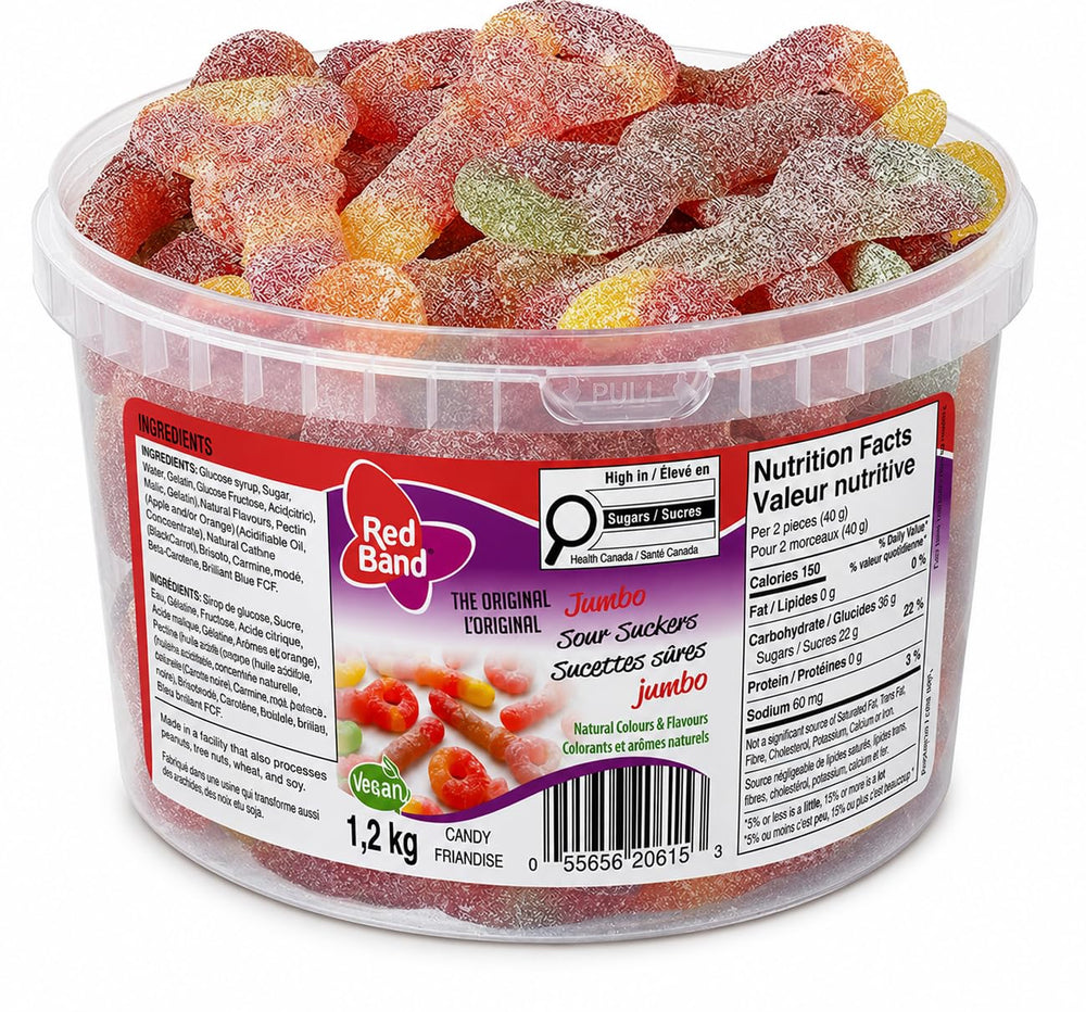Koala front tub showing 1.2 kg pack and 60 jumbo sour suckers for sharing