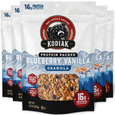 Kodiak Cakes front package showing blueberry vanilla flavor and resealable pouch benefits