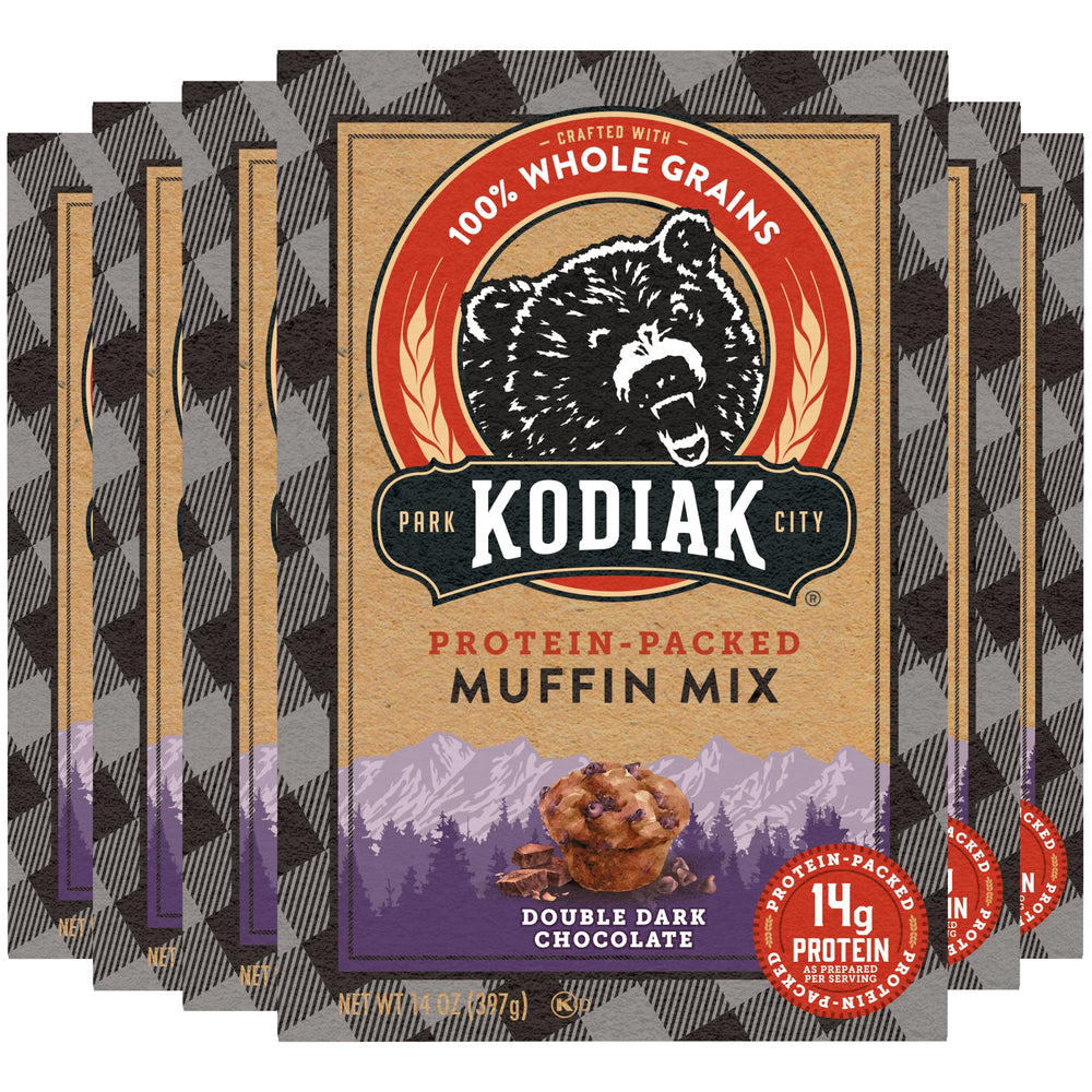 Kodiak Cakes front packaging showing double dark chocolate mix and benefits