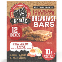 Kodiak Cakes front box display showing cinnamon oat and apple flavor and bulk pack benefit