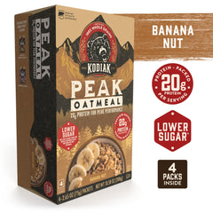 Kodiak Cakes Peak single packet close-up highlighting banana flavor
