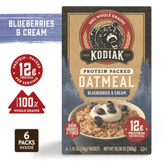 Kodiak Cakes single packet open to show oat texture and blueberry graphics, appeals to taste