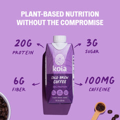 Koia coffee side label with nutrition facts and vitamins for easy ingredient check