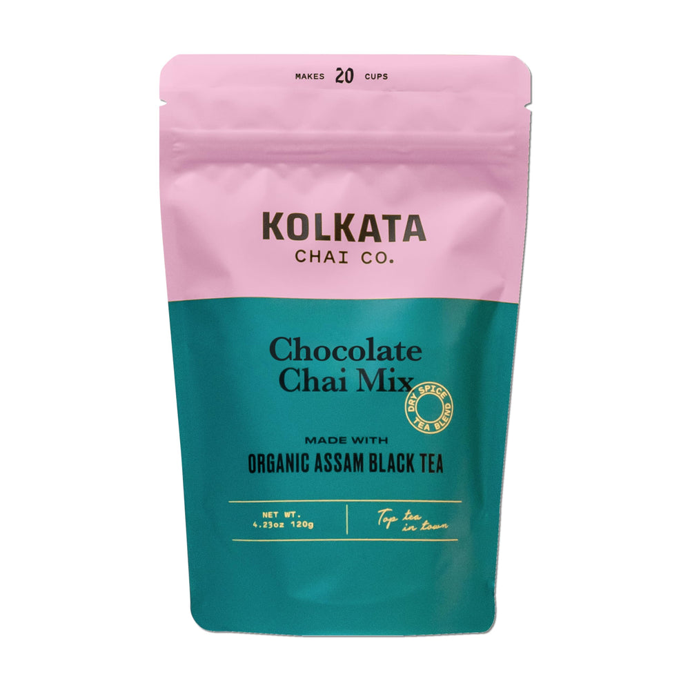 Kolkata Chai Co front packaging showing organic label and serving info, highlights premium quality
