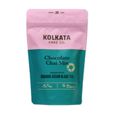 Kolkata Chai Co front packaging showing organic label and serving info, highlights premium quality