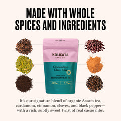 Kolkata Chai Co loose leaf close-up revealing tea leaves and cocoa flecks, emphasizes fresh aroma
