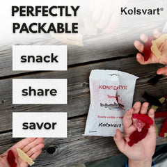 Kolsvart candies on wooden spoon illustrating portion and texture