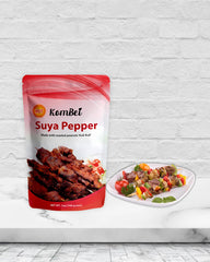 KomBei Suya Spice HOT pouch beside a 7oz comparison illustrating portion and servings