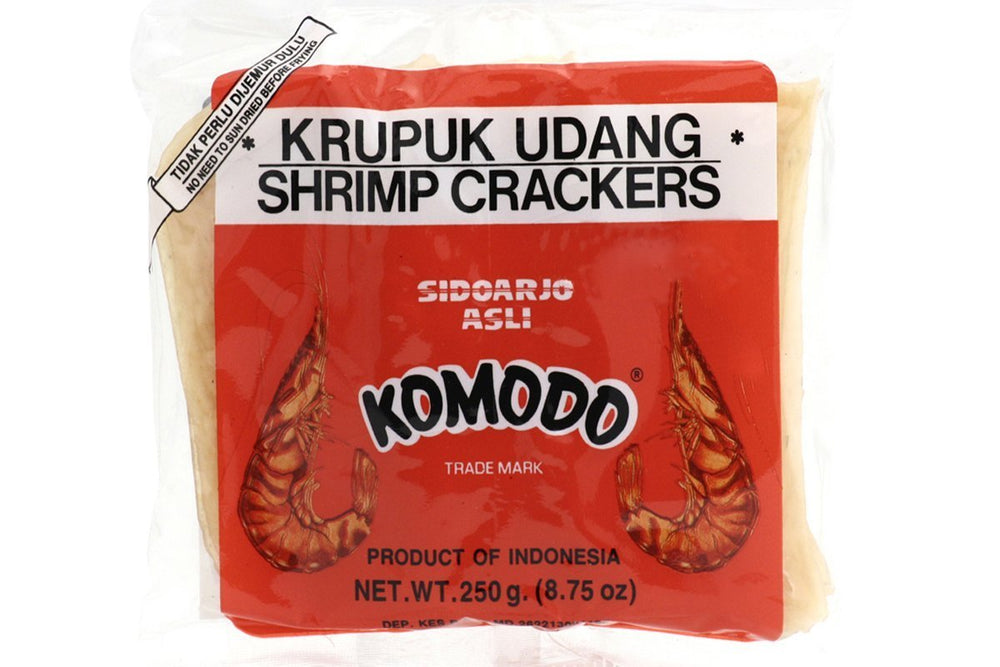 Komodo front packaging showing unfried shrimp cracker disks and convenience