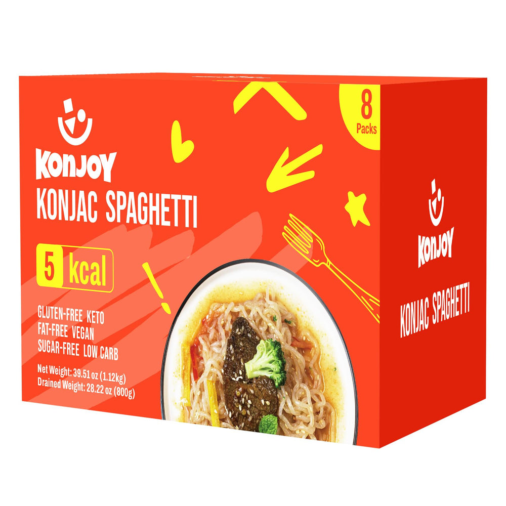 KONJOY front packaging showing spaghetti-style konjac noodles and benefits