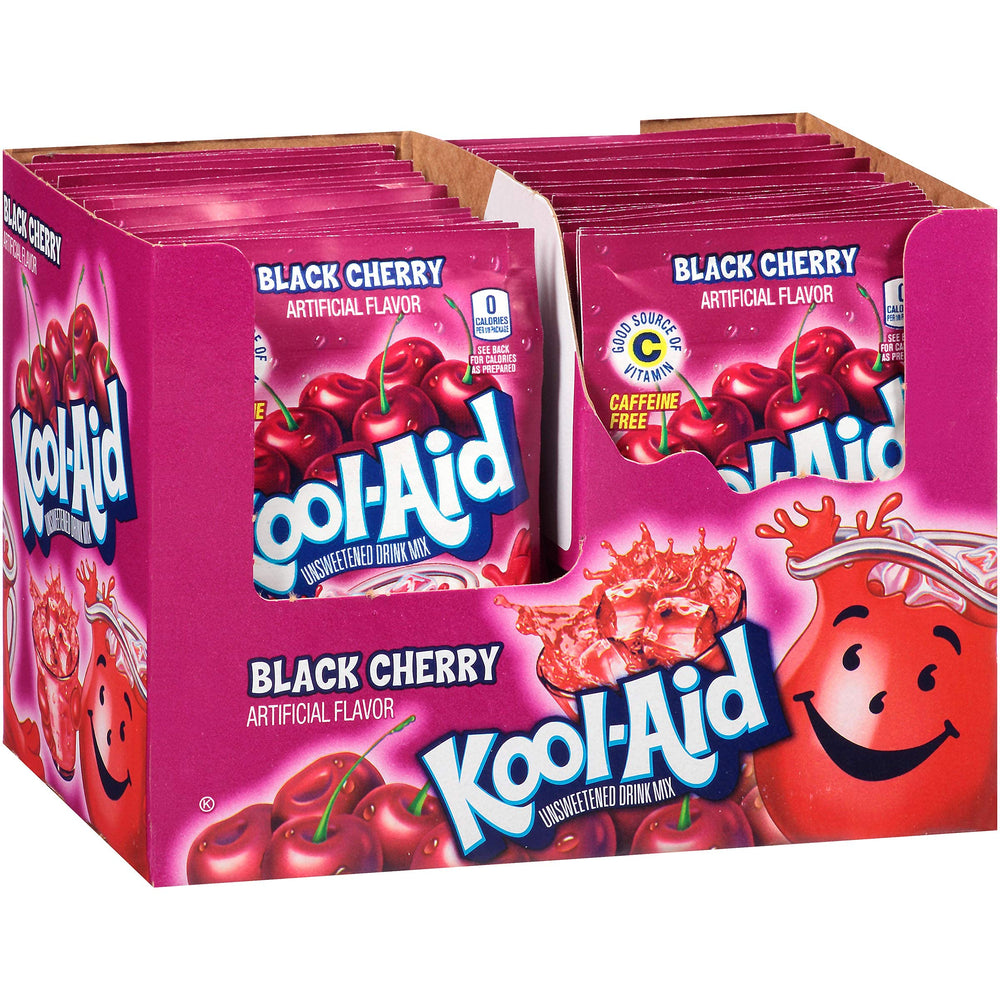Kool-Aid front packaging of 96 unsweetened black cherry packets showing quantity and flavor benefits