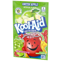 Kool-Aid prepared green apple pitcher poured over ice offering a refreshing family beverage
