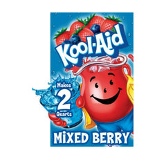 Kool-Aid front packet view showing brand and mixed berry flavor for pantry convenience