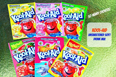 Kool Aid packet closeup highlighting brand and convenient unsweetened mix for travel