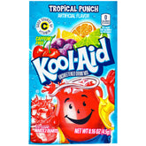 Kool-Aid box front showing tropical punch branding and packet count benefit