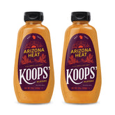 KOOPS' front label showing Arizona Heat mustard bottle and brand benefit