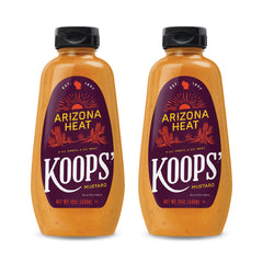 KOOPS' front label showing Arizona Heat mustard bottle and brand benefit