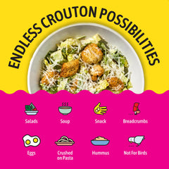 Kooshy Croutons next to a measuring cup showing portion size benefit
