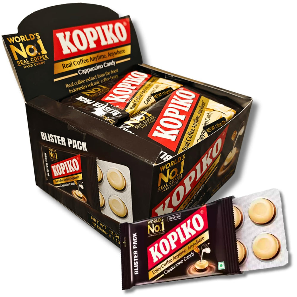 Kopiko front packaging showing blister pack and cappuccino flavor, portable convenience