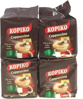 Kopiko front packaging of 4-pack cappuccino with choco grabules showing convenience