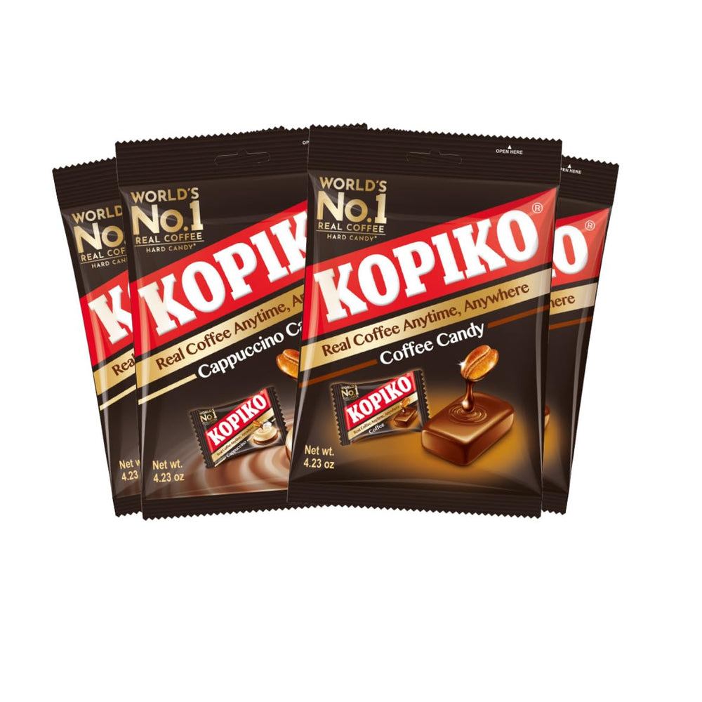 kopiko front packaging showing four 4.23oz bags and brand for easy stocking