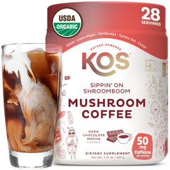 KOS jar front view showing label and dark chocolate mocha branding for recognition