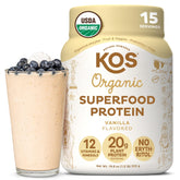 KOS front packaging showing organic vanilla and serving info, convenient for on-the-go use