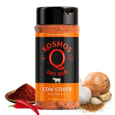 Kosmos Q front packaging showing bold smoky rub and 10.5 oz size for pantry convenience