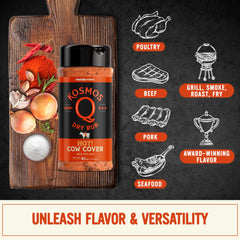 Kosmos Q seasoned brisket crust with Cow Cover HOT creating rich bark and smoky appeal