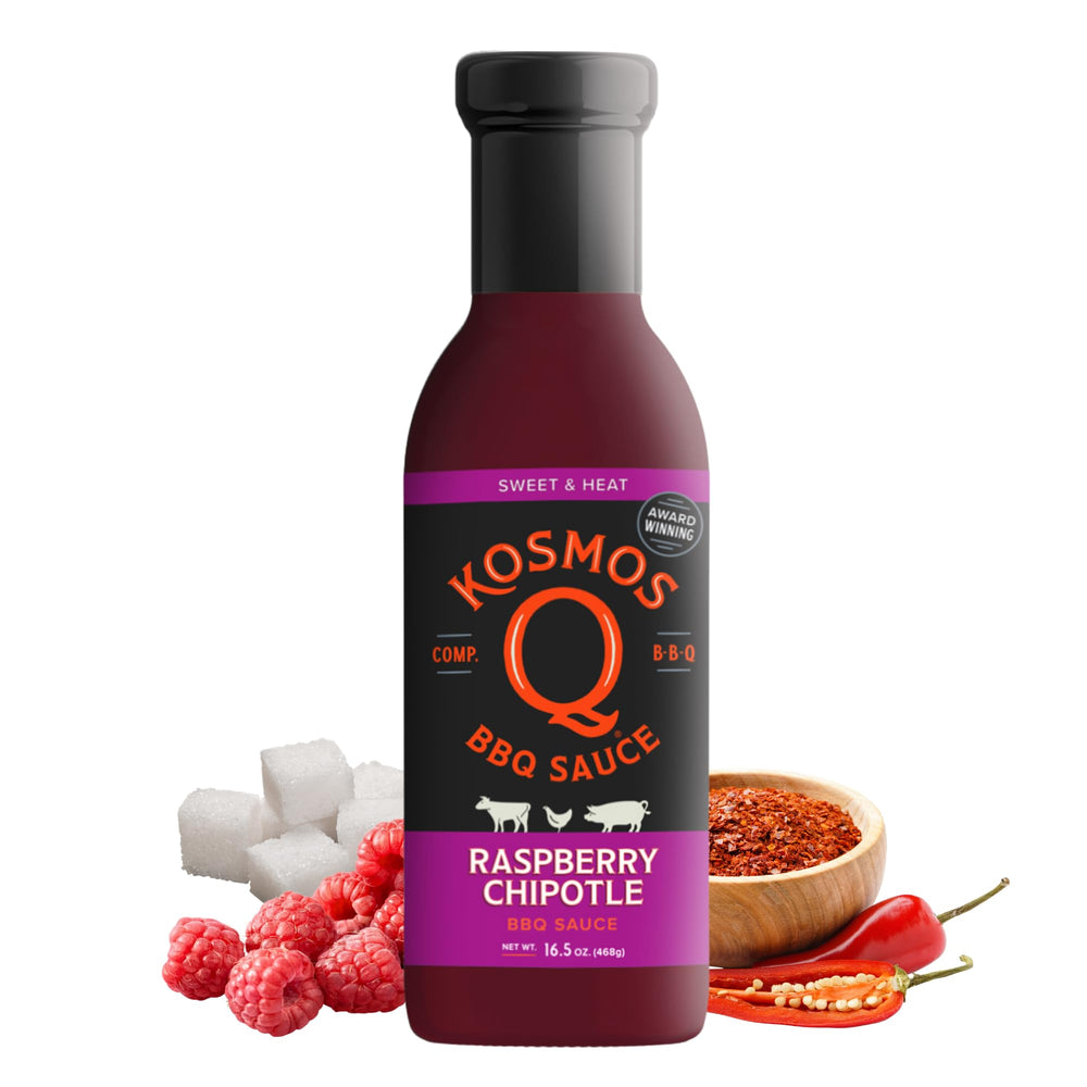 Kosmos Q front bottle showing raspberry chipotle label and bold flavor