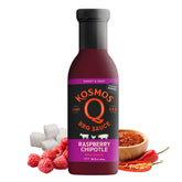 Kosmos Q front bottle showing raspberry chipotle label and bold flavor