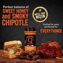grilled ribs coated in Kosmos Q rub showing caramelized bark and appetizing glaze