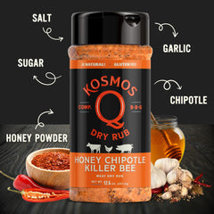 spoon scooping Kosmos Q honey chipotle from jar demonstrating ease of application