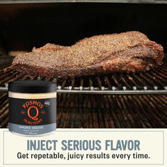 Kosmos Q injection being applied to brisket with syringe, improving internal juiciness