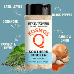 Kosmos Q shaker top close-up showing easy-sift lid for consistent seasoning application