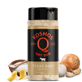 Kosmos Q front packaging shows 16 oz jar and bold Texas flavor